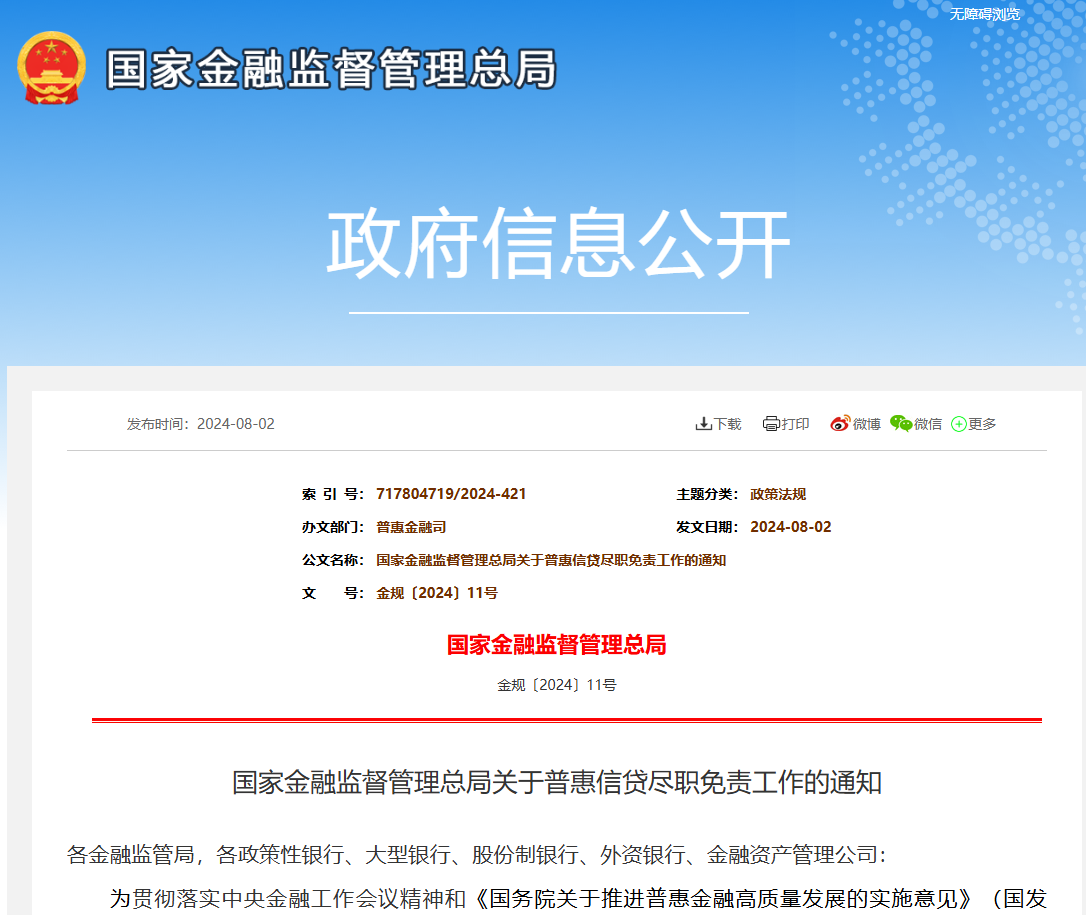 国家金融监督管理总局 关于普惠信贷尽职免责工作的通知